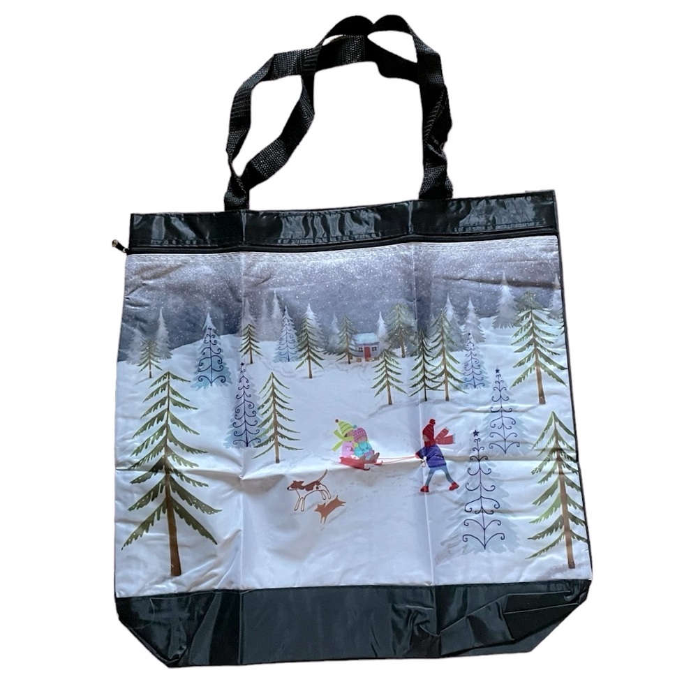 Shopping Shoulder Bag Tote with Snowy Winter Sledding and Trees Nylon